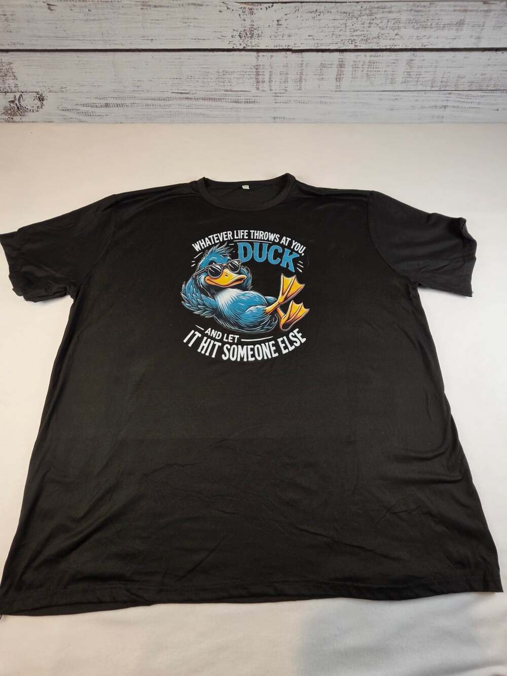 Funny Duck Quote Black Graphic T-Shirt “Whatever Life Throws at You, Duck” 5XL